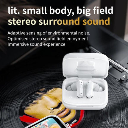 Wireless Bluetooth Earphones With Touchscreen Case For Commuting showing white earbuds in open touchscreen charging case on a vinyl record