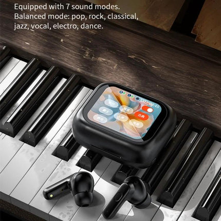 Wireless Bluetooth Earphones With Touchscreen Case For Commuting shown on piano with touchscreen case, ANC, ergonomic in-ear fit