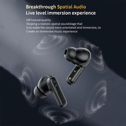 Wireless Bluetooth Earphones With Touchscreen Case For Commuting black earbuds showing spatial audio waves and ergonomic in-ear design