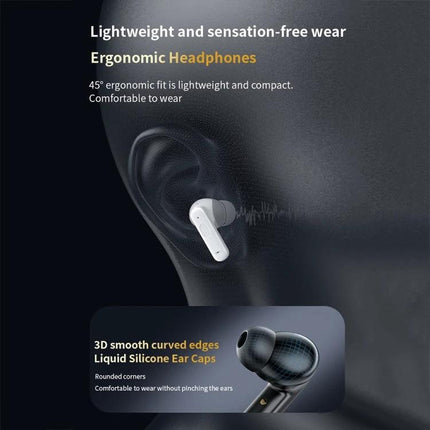 Wireless Bluetooth Earphones With Touchscreen Case For Commuting ergonomic in-ear white earbud shown in ear with silicone ear caps