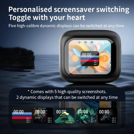 Wireless Bluetooth Earphones With Touchscreen Case For Commuting showing touch screen modes and customizable screensaver display