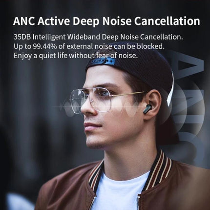 Wireless Bluetooth Earphones With Touchscreen Case For Commuting showing a man wearing ANC earbuds with touchscreen charging case features