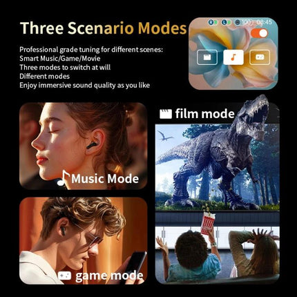 Wireless Bluetooth Earphones With Touchscreen Case For Commuting showing three scenario modes music film game with touch screen