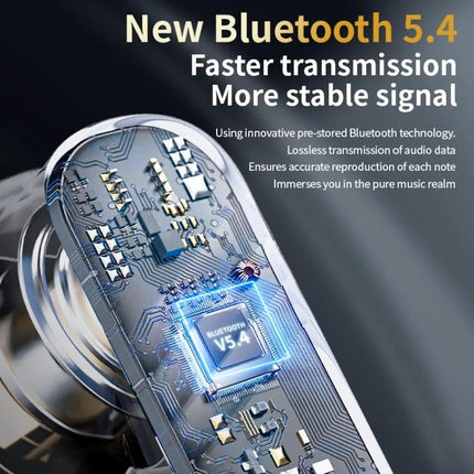 Wireless Bluetooth Earphones With Touchscreen Case For Commuting showing internal Bluetooth 5.4 chipset and circuit board graphics