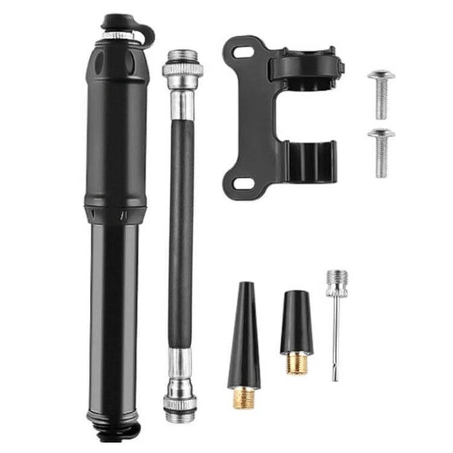 Mini Portable Bicycle Pump For Bikes On The Go Everyday - compact black aluminum hand pump with hose, adapters and mounting bracket for travel and commuting