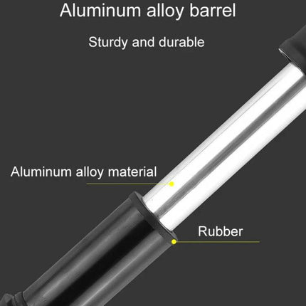 Mini Portable Bicycle Pump For Bikes On The Go Everyday shown with aluminum alloy barrel and rubber handle close-up