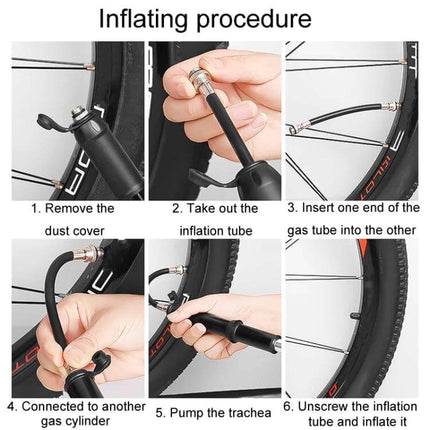 Mini Portable Bicycle Pump For Bikes On The Go Everyday showing inflating procedure with tube connected to bike tire and compact aluminum pump