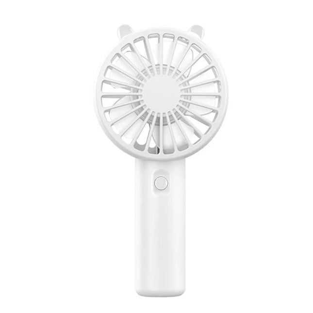Portable Rechargeable Mini Handheld Fan with Phone Holder for Desktop Use — white compact rechargeable handheld fan with single-button design