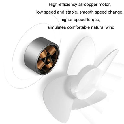 Portable Rechargeable Mini Handheld Fan with Phone Holder for Desktop Use showing all-copper motor and 3-blade fan for stable natural breeze