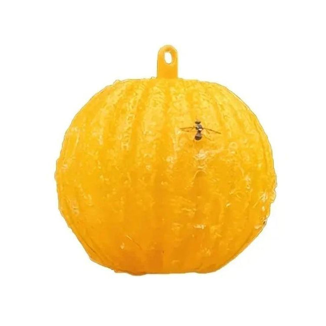Outdoor Fruit Fly Mosquito Citrus Trap Sticky Ball Yellow hanging citrus-shaped sticky ball with trapped fly, chemical-free outdoor insect control