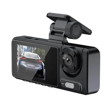 High-Definition Night Vision Dash Cam for Vehicle Recording - 1080p black dash camera with night vision, screen showing rear traffic, mount and continuous power setup