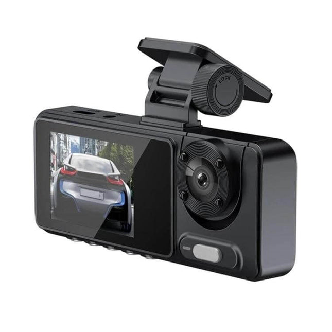 High-Definition Night Vision Dash Cam for Vehicle Recording - 1080p black dash camera with night vision, screen showing rear traffic, mount and continuous power setup