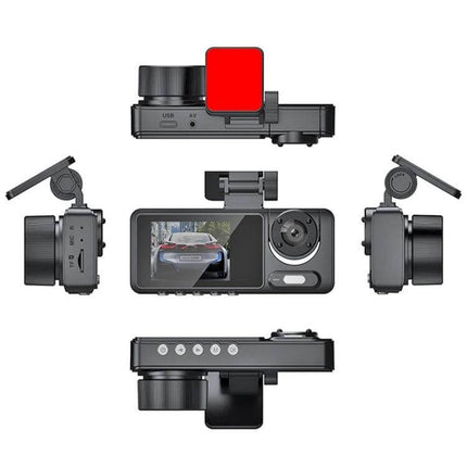 High-Definition Night Vision Dash Cam for Vehicle Recording showing multiple angles, 1080p display and lens for day/night vehicle monitoring