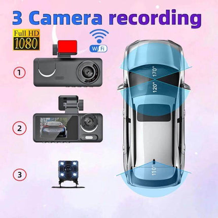 High-Definition Night Vision Dash Cam for Vehicle Recording showing 3-camera setup, 1080p, wide-angle coverage for front, interior, and rear monitoring