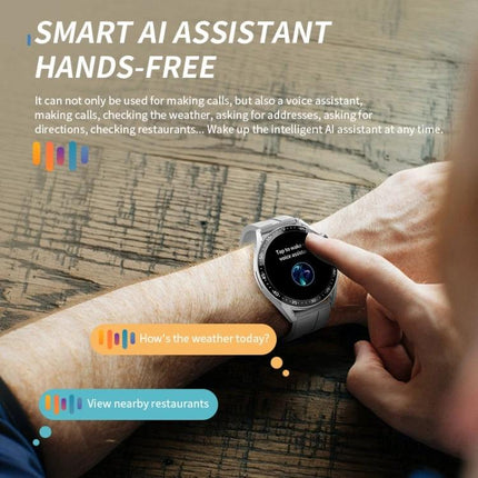 Essential Smart Watch for Everyday Health Monitoring showing hands-free AI assistant, 1.39-inch round TFT screen displaying voice commands