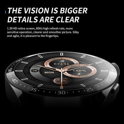 Essential Smart Watch for Everyday Health Monitoring - 1.39-inch round TFT screen showing heart rate, steps, battery and sleek black watch face