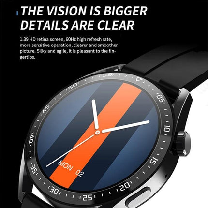 Essential Smart Watch for Everyday Health Monitoring showing 1.39-inch round TFT screen, heart rate and step tracking, sleek black case and strap