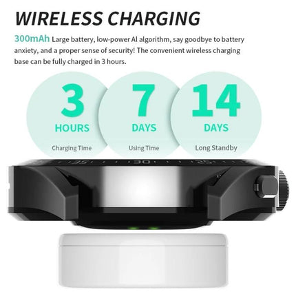 Essential Smart Watch for Everyday Health Monitoring with wireless charging base showing 3 hours charge, 7 days use, 14 days standby