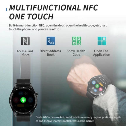 Essential Smart Watch for Everyday Health Monitoring with 1.39-inch round TFT screen showing NFC one-touch features and health tracking