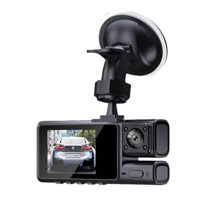 High-Definition Three-Lens Dash Camera for Vehicle Recording and Night Drives showing mounted dash cam with suction mount and HD front/interior/rear view