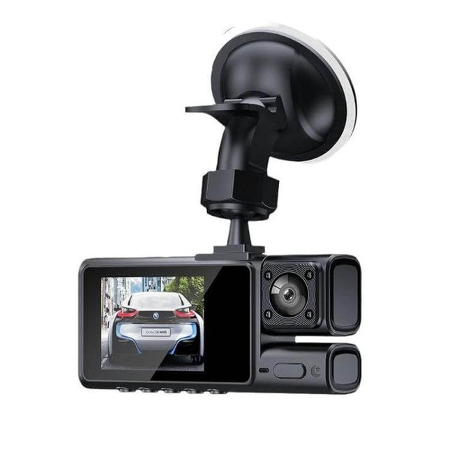 High-Definition Three-Lens Dash Camera for Vehicle Recording and Night Drives showing mounted dash cam with suction mount and HD front/interior/rear view