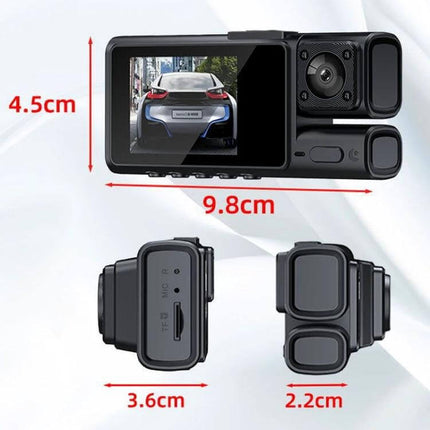 High-Definition Three-Lens Dash Camera for Vehicle Recording and Night Drives compact triple-lens unit showing front interior rear views with dimensions
