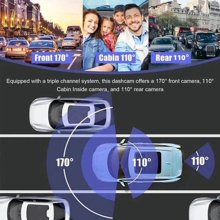 High-Definition Three-Lens Dash Camera for Vehicle Recording and Night Drives showing 170° front, 110° cabin and 110° rear multi-angle coverage
