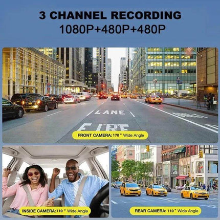 High-Definition Three-Lens Dash Camera for Vehicle Recording and Night Drives — 3-channel 1080P+480P front interior rear views for night and city driving