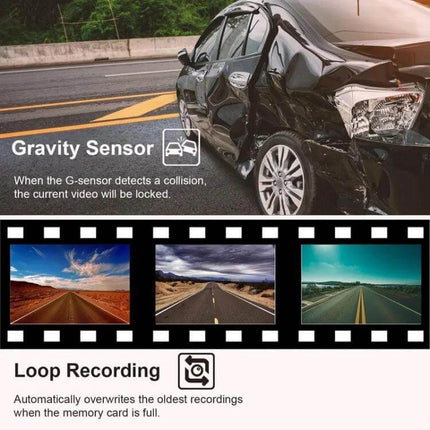 High-Definition Three-Lens Dash Camera for Vehicle Recording and Night Drives front interior and rear views capturing HD footage for crash evidence