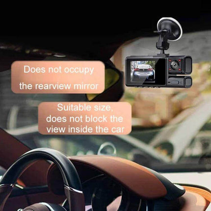 High-Definition Three-Lens Dash Camera for Vehicle Recording and Night Drives compact mount shown installed without blocking rearview mirror