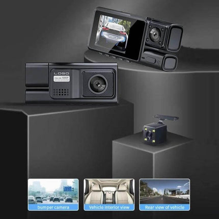 High-Definition Three-Lens Dash Camera for Vehicle Recording and Night Drives, compact unit showing front, interior and rear views for evidence