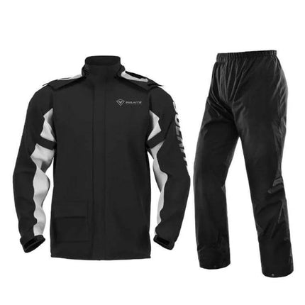 SULAITE Full-Body Motorcycle Raincoat, Breathable Waterproof, M-XXXL shown as black waterproof jacket and pants set with breathable mesh panels