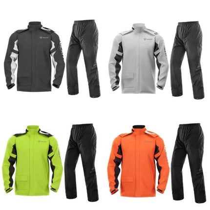 SULAITE Full-Body Motorcycle Raincoat, Breathable Waterproof, M-XXXL in black, gray, neon green and orange shown with matching waterproof pants