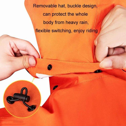 SULAITE Full-Body Motorcycle Raincoat, Breathable Waterproof, M-XXXL orange removable hood buckle detail showing waterproof seams and compact storage design