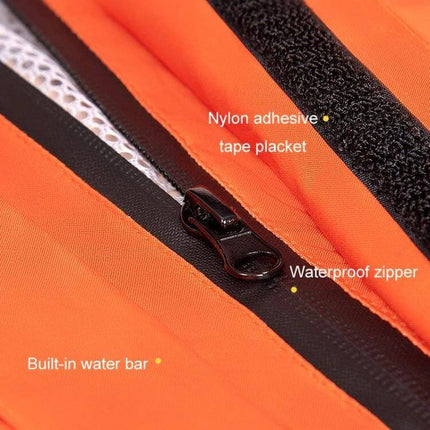 SULAITE Full-Body Motorcycle Raincoat, Breathable Waterproof, M-XXXL close-up of waterproof zipper, nylon adhesive tape placket and built-in water bar on orange fabric