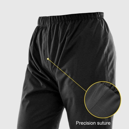SULAITE Full-Body Motorcycle Raincoat, Breathable Waterproof, M-XXXL showing waterproof pants close-up with precision suture and elastic waist