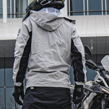 SULAITE Full-Body Motorcycle Raincoat, Breathable Waterproof, M-XXXL shown from back on rider next to motorcycle, breathable TPU polyester