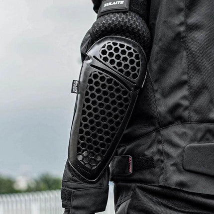 SULAITE Cycling Breathable Knee and Elbow Pad Set for Outdoor Rides - close-up of black breathable elbow pad with honeycomb protective shell and mesh