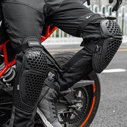 SULAITE Cycling Breathable Knee and Elbow Pad Set for Outdoor Rides - black mesh knee and elbow pads on motorcyclist with honeycomb protective shell