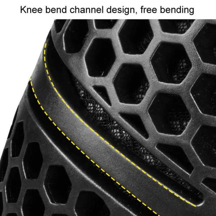 SULAITE Cycling Breathable Knee and Elbow Pad Set for Outdoor Rides close-up honeycomb shell and knee bend channel design showing breathable mesh and EVA padding
