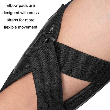SULAITE Cycling Breathable Knee and Elbow Pad Set for Outdoor Rides close-up of elbow pad with breathable mesh, cross straps and EVA padding for flexible movement
