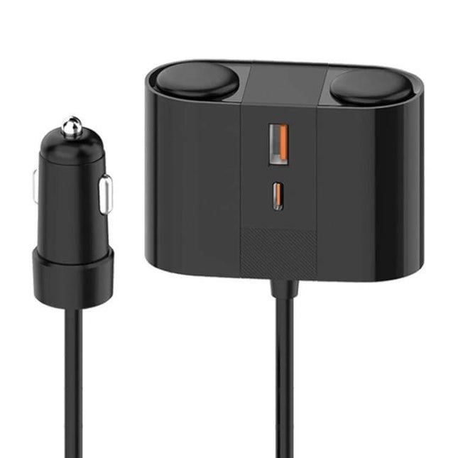 45W Rotating Car Charger With Dual Cigarette Lighter Ports black dual-port USB and dual lighter sockets for phones dash cams