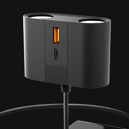 45W Rotating Car Charger With Dual Cigarette Lighter Ports compact black unit showing USB-A and USB-C ports and dual cigarette lighter sockets