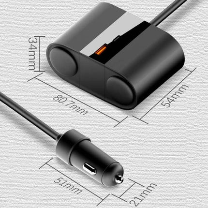 45W Rotating Car Charger With Dual Cigarette Lighter Ports compact black dual-port in-car USB power hub with dimensions shown
