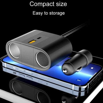 45W Rotating Car Charger With Dual Cigarette Lighter Ports compact dual-port car power hub with USB charging on smartphone
