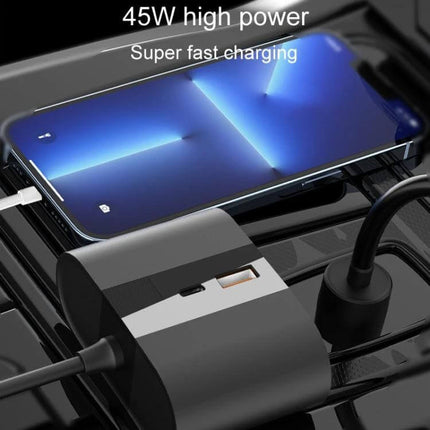 45W Rotating Car Charger With Dual Cigarette Lighter Ports charging a smartphone and powering accessories in a car interior