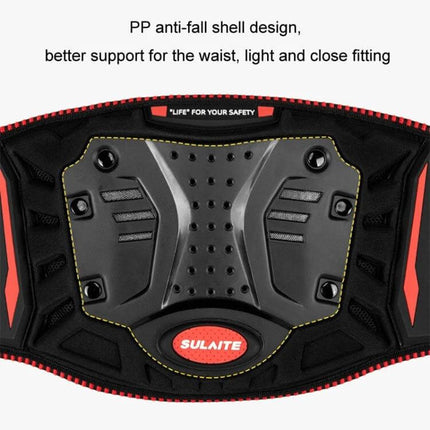 Sulaite Motorcycle Riding Breathable Anti Fall Belt Red close-up of PP anti-fall shell waist protector with reinforced support and breathable design