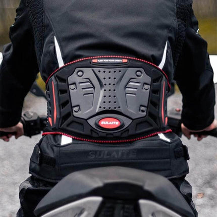 Sulaite Motorcycle Riding Breathable Anti Fall Belt Red worn over jacket on rider showing PP anti-fall shell and reinforced waist protection