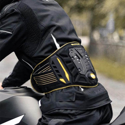 Sulaite Motorcycle Riding Breathable Anti Fall Belt Red worn by rider showing PP anti-fall shell and reinforced waist protection on motorcycle