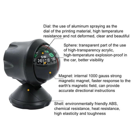 Compact Guide Ball Ornament for Everyday Car Interiors magnetic compass ornament showing dial, acrylic sphere, 1000-gauss magnet and ABS shell
